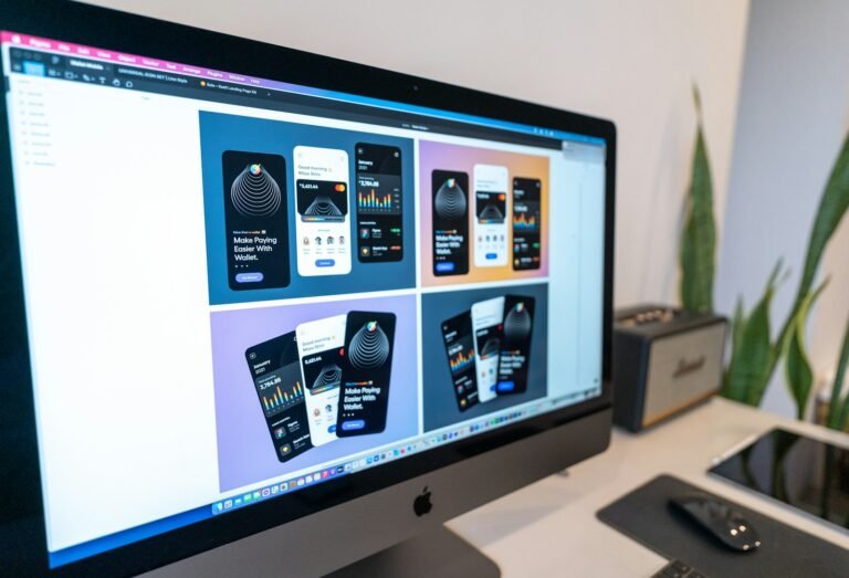 A desktop computer displaying design layouts beside a keyboard, mouse and desk plant